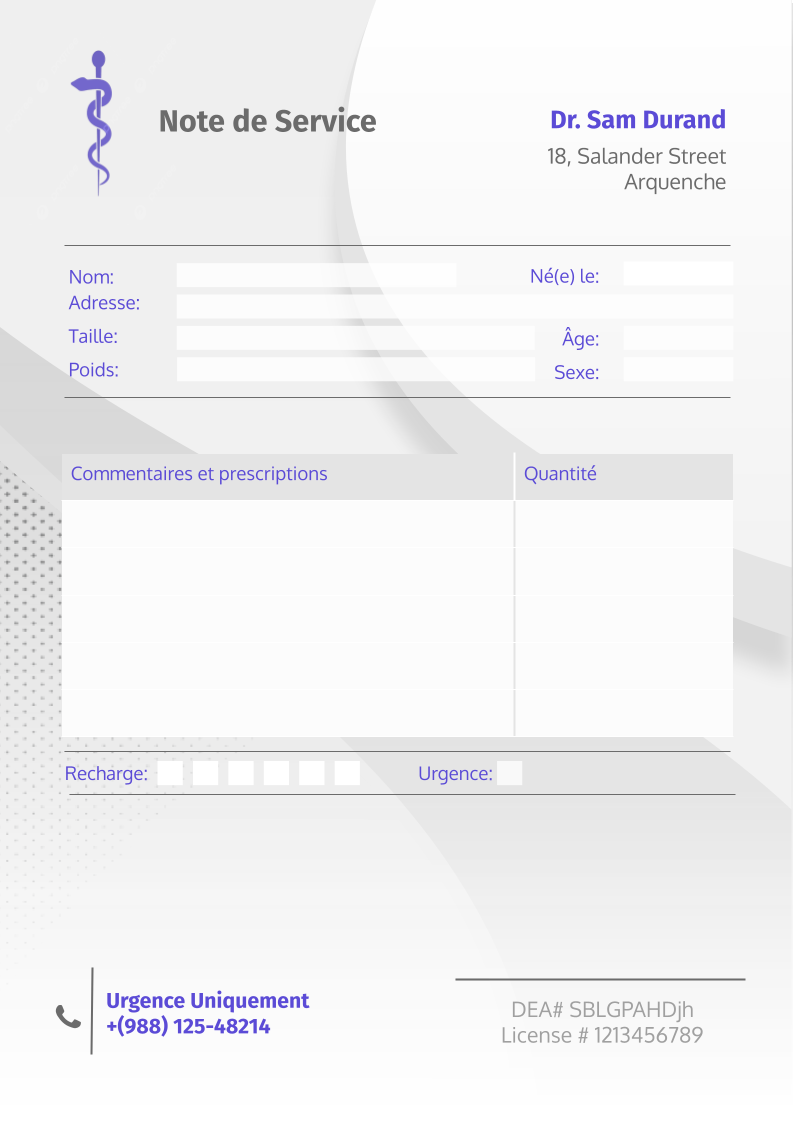 Dossier médical — note Dr Sam Durand, document RP vierge