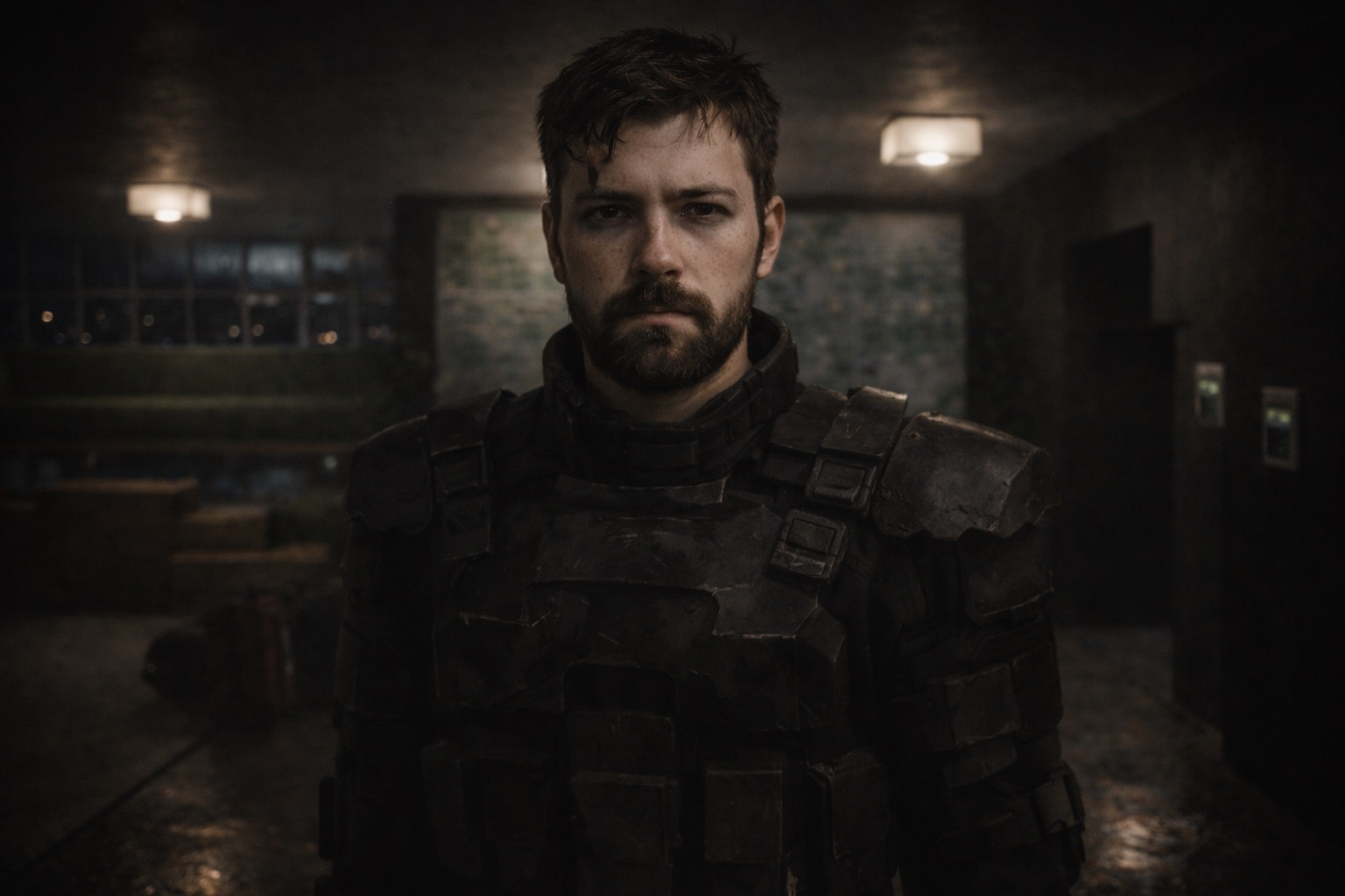 Portrait — soldat en garde, atmosphère post-effondrement